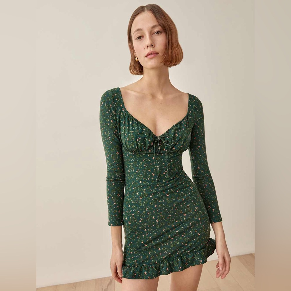 Reformation Anjeline Knit Floral Green Mini Dress Medium in Coriander